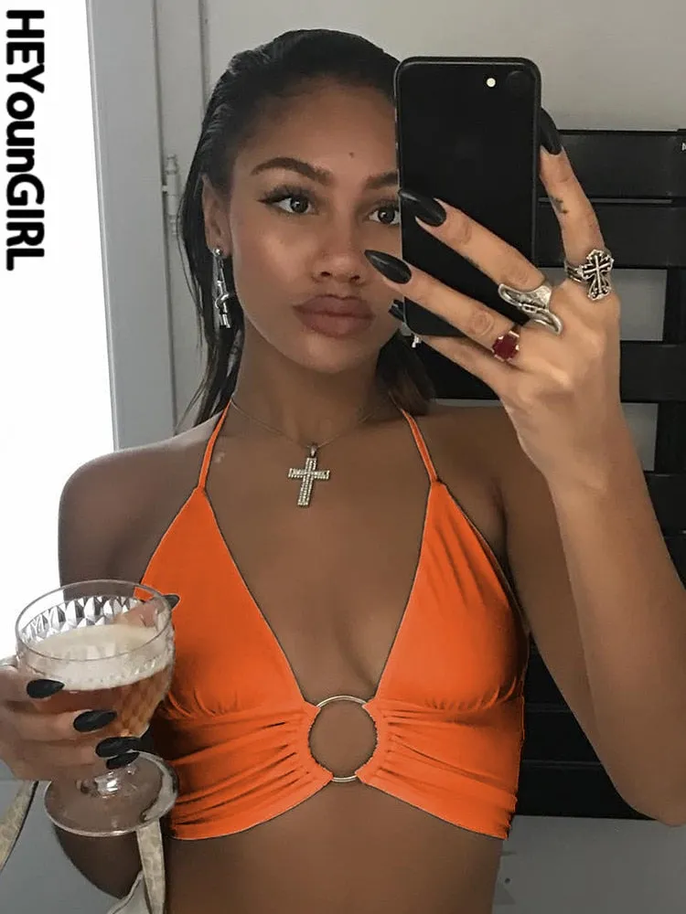 Amozae- Halter Backless   Crop Tank Top Women Fashion Bandage Cropped Top Woman Sleeveless Croptop Streetwear Summer Patry
