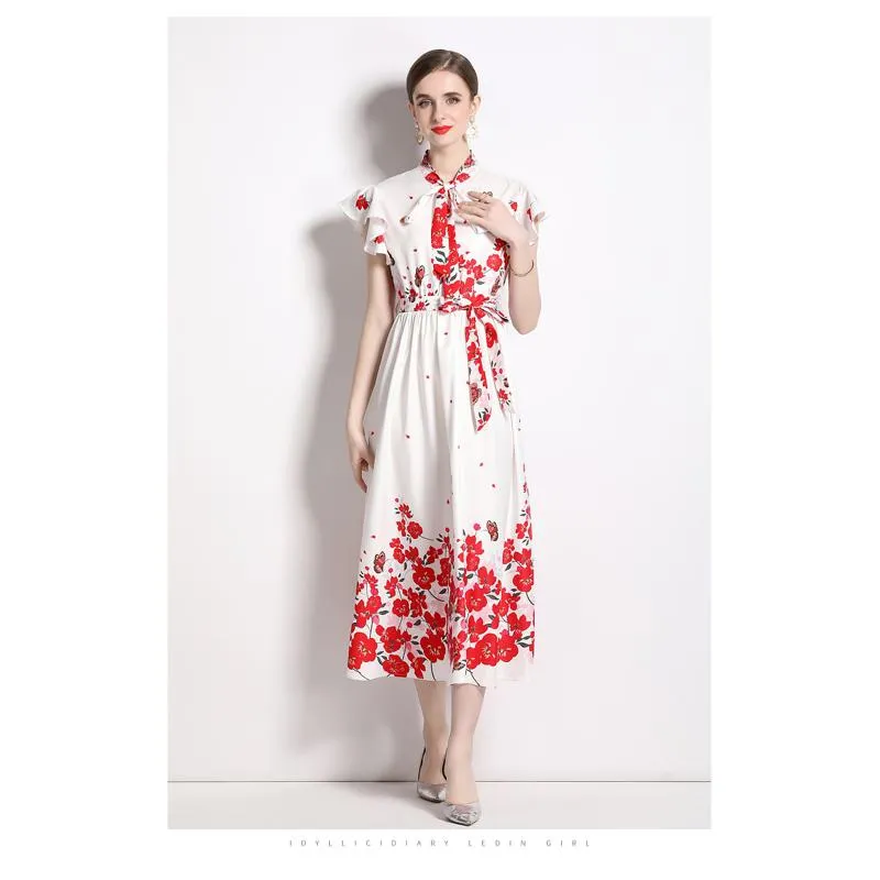 Collar Flutter Sleeves Retro Tie-Up Print A-Line Dress