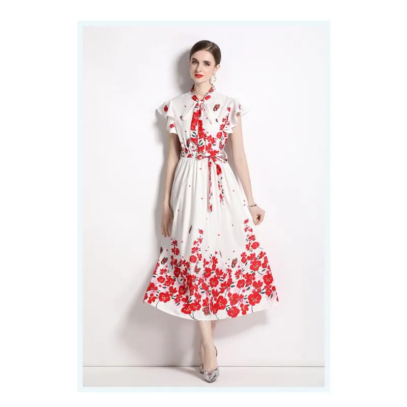 Collar Flutter Sleeves Retro Tie-Up Print A-Line Dress