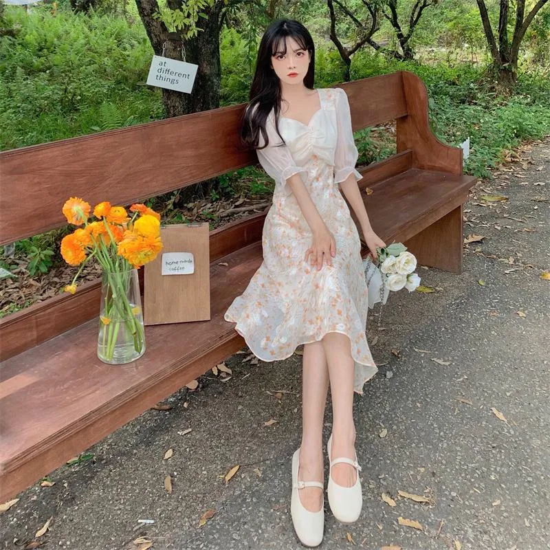 Fairy Floral Print French Style Fish Tail Dress