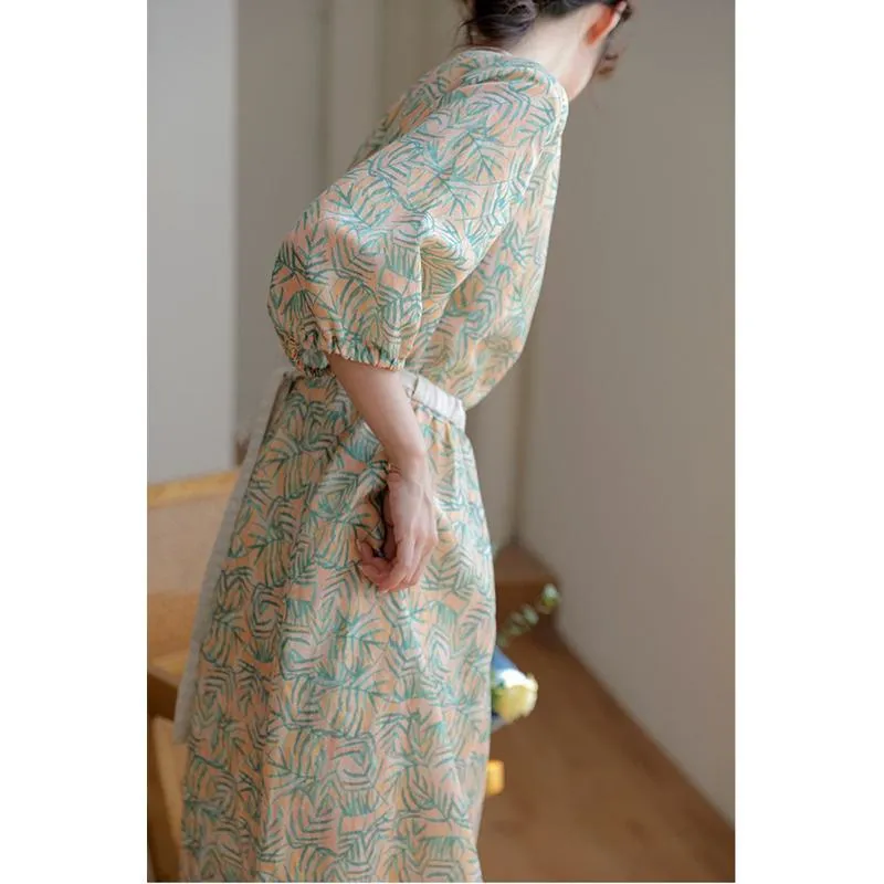 Fine Count Retro Finely Woven Ramie Tencel Print Dress