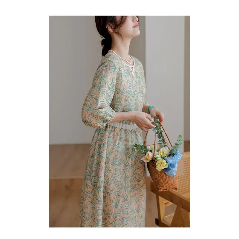 Fine Count Retro Finely Woven Ramie Tencel Print Dress