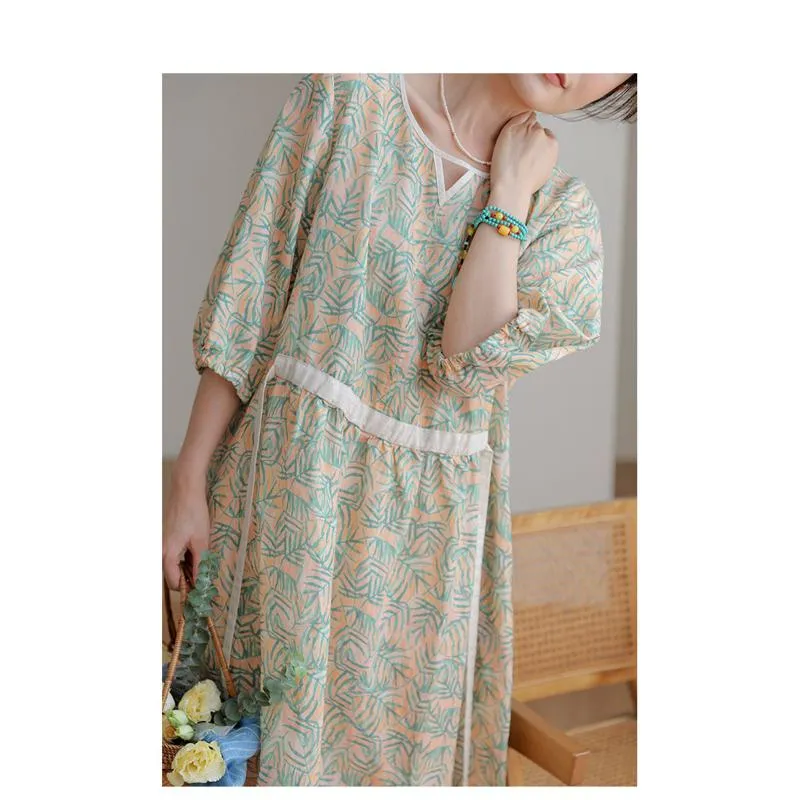 Fine Count Retro Finely Woven Ramie Tencel Print Dress