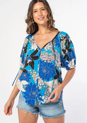 Floral Short Puff Sleeve Button Down Top
