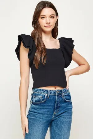 Knit Cropped Ruffle Sleeve Top