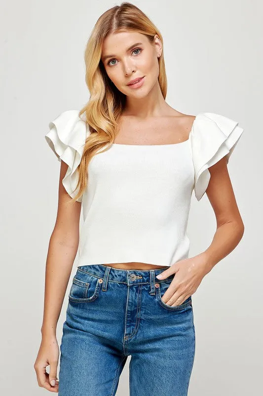 Knit Cropped Ruffle Sleeve Top