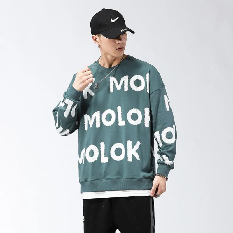 Letter Round Neck Loose Fit Full Print Trendy Faux Two-Piece Versatile Sweatshirt