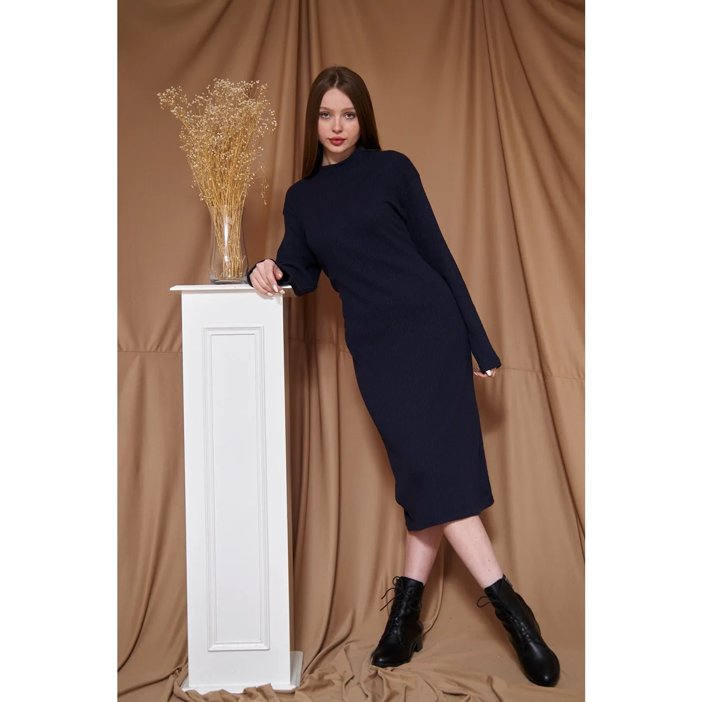 Navy Ribbed Long Dress
