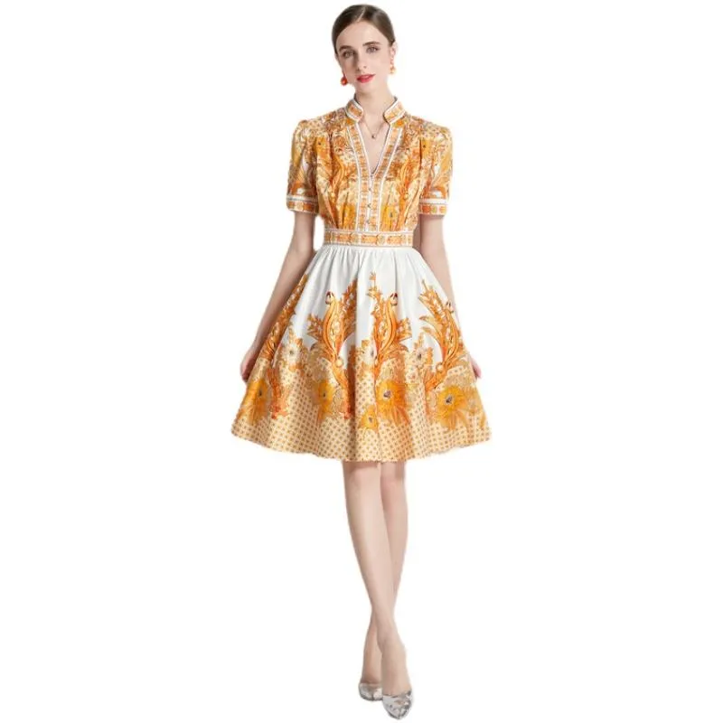 Niche V-Neck Full Skirt Style Light Elastic Print French Style Dress
