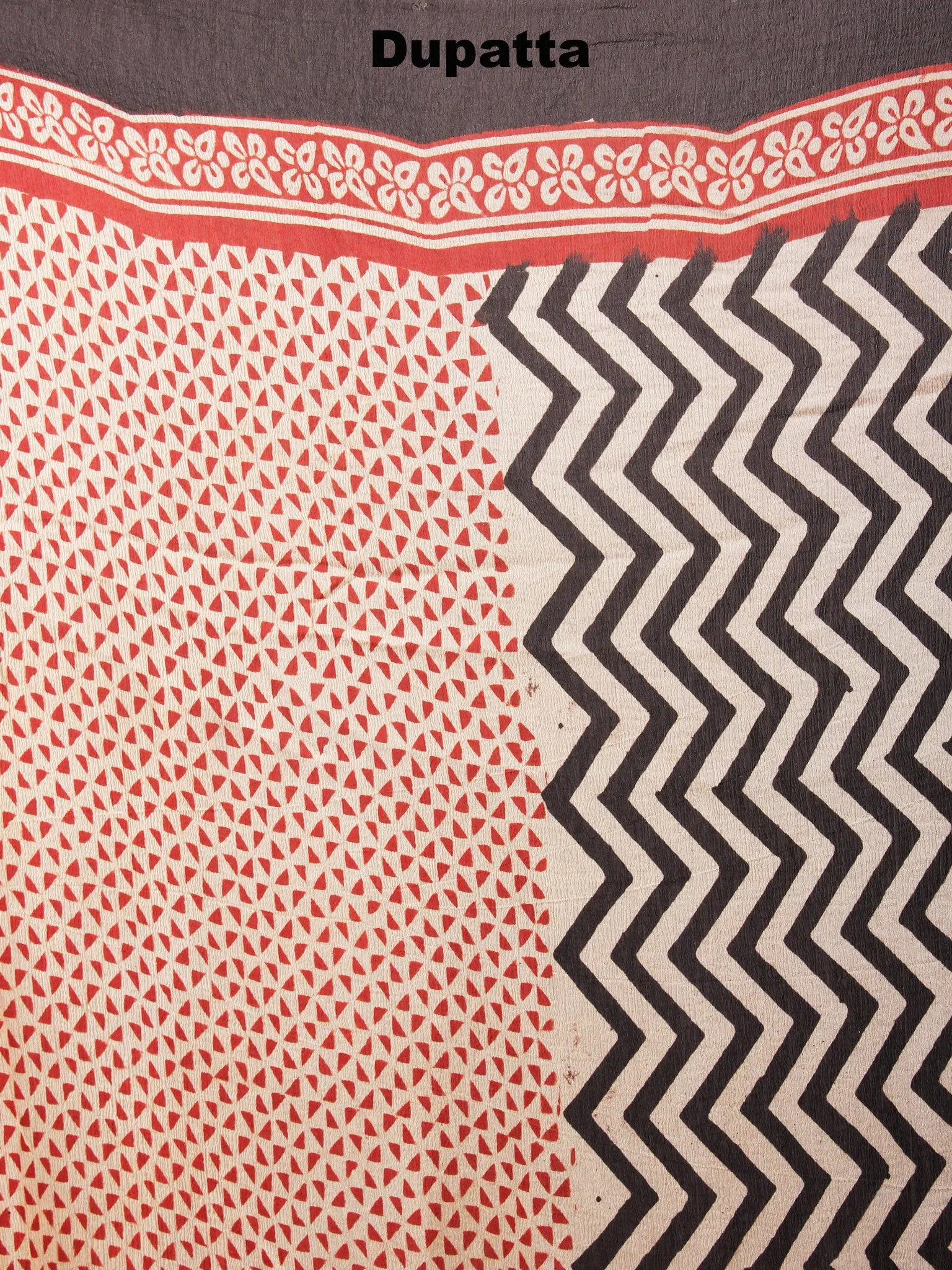 Red Beige Black Hand Block Printed Cotton Suit-Salwar Fabric With Chiffon Dupatta - S1628051