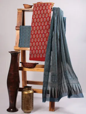 Red Indigo Black Ivory Hand Block Printed Suit Set (Set of 3) - SU01HB479