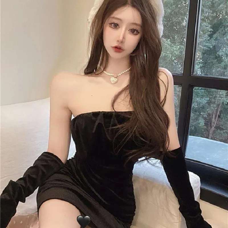 Retro Pleated Strapless Velvet Christmas French Style Dress