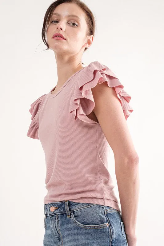 Ribbed Ruffle Sleeve Tee