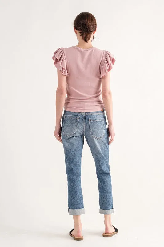 Ribbed Ruffle Sleeve Tee
