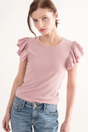 Ribbed Ruffle Sleeve Tee