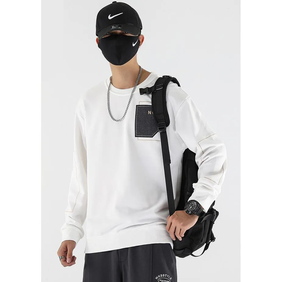 Round Neck Loose Fit Pocket Print Men's Sweatshirt