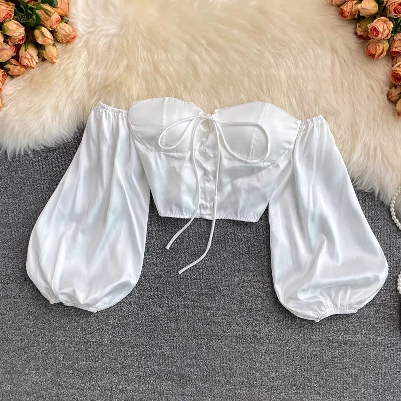 Sexy off-shoulder tube top, puff-sleeved short chic top    S3967