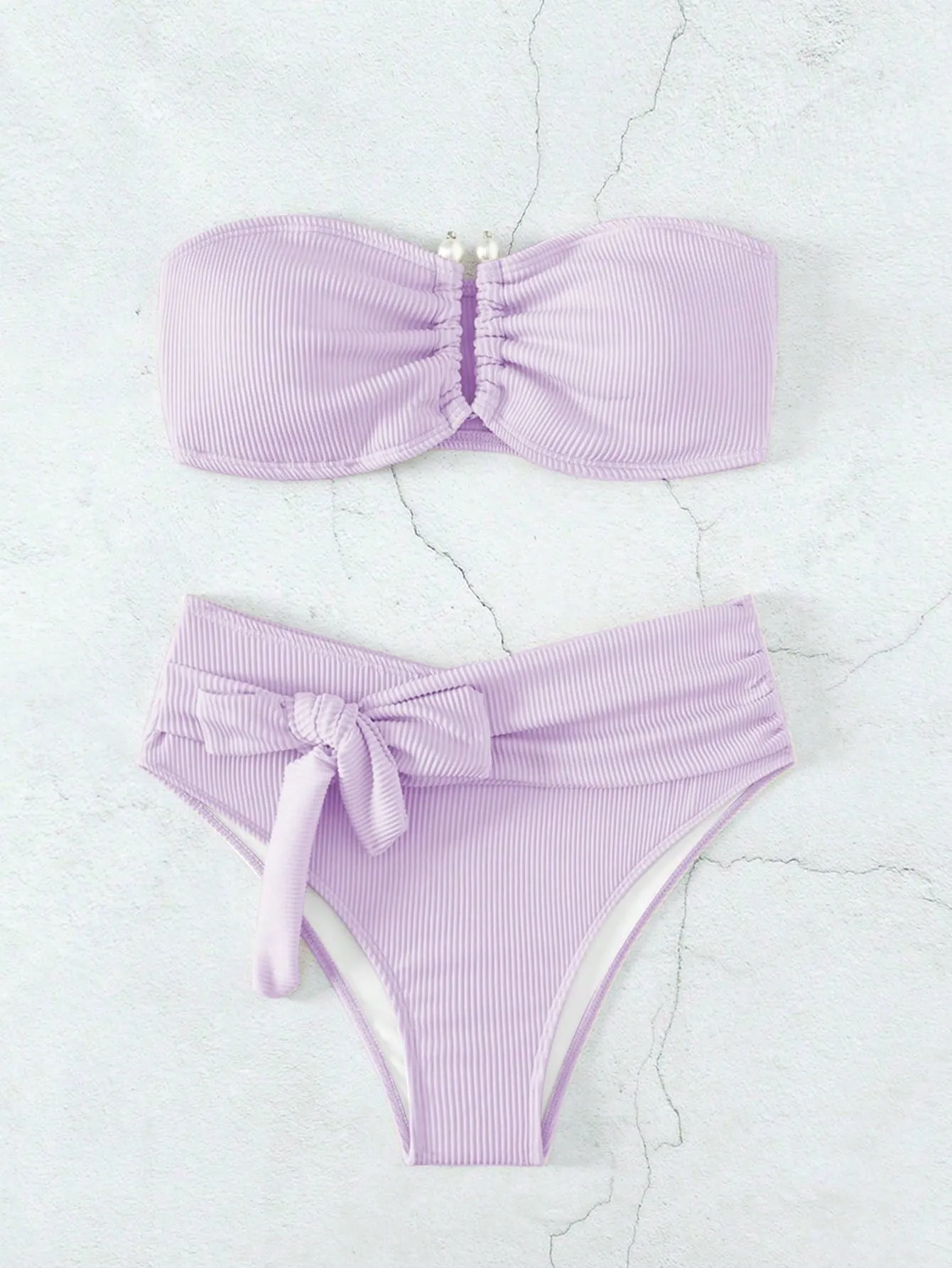 SHEIN Swim Summer Beach Rib Knot Front Bandeau Bikini Set