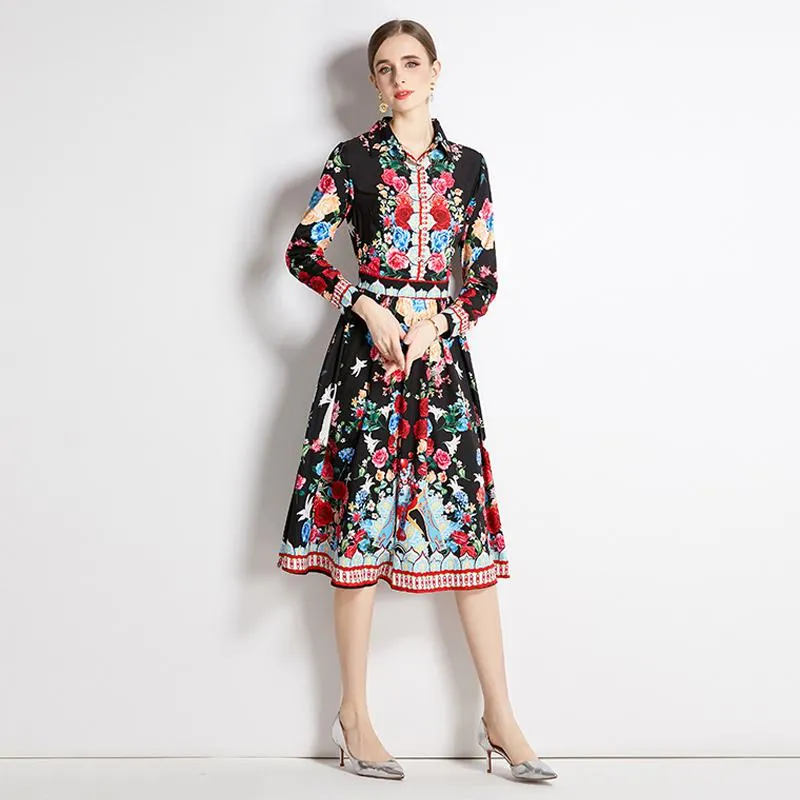 Slim-Fit Retro Style Print Midi Full Skirt Style Petite Dress