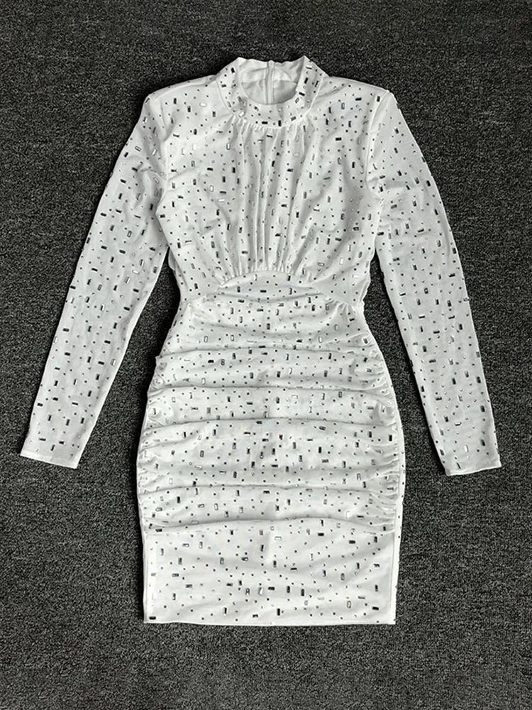 Solid Slimming Mini Dresse For Women Half High Collar Long Sleeve High Waist Spliced Diamonds Dress Female Fashion
