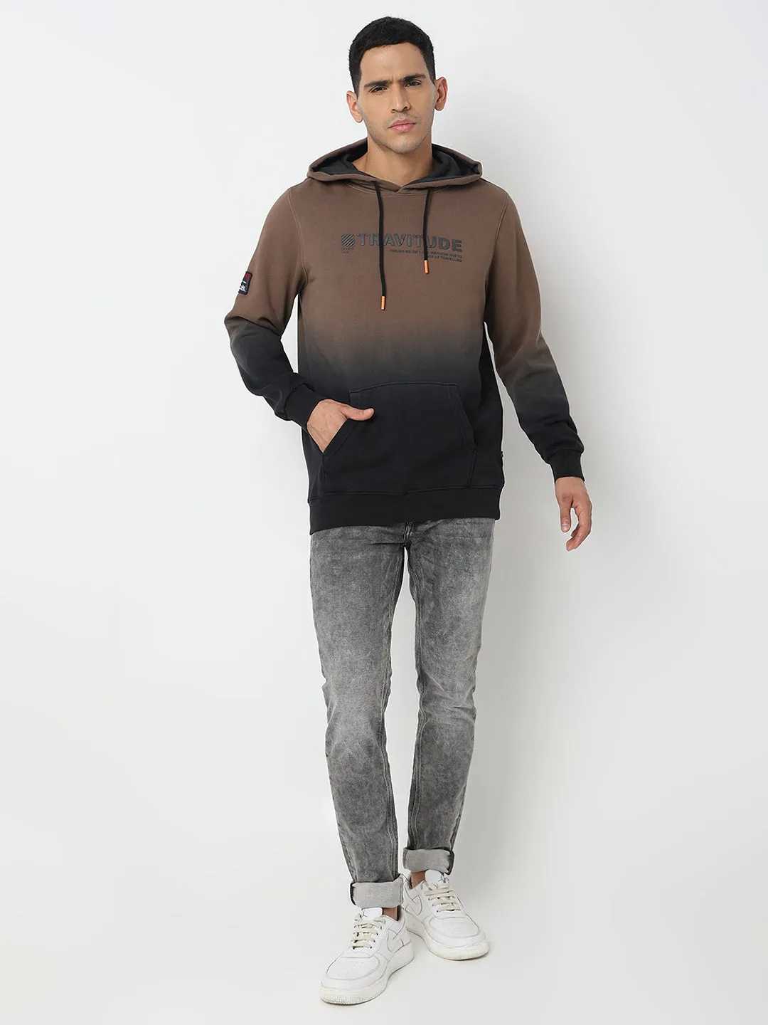 Spykar Hooded Full Sleeves Khaki Sweatshirt For Men
