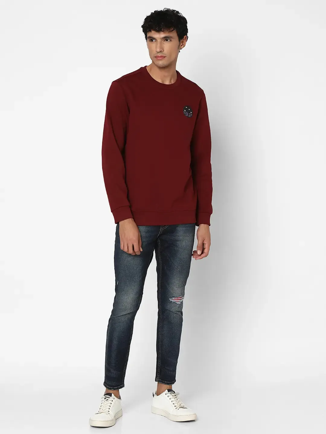 Spykar Men Wine Red Blended Slim Fit Full Sleeve Round Neck Plain Casual Sweatshirt