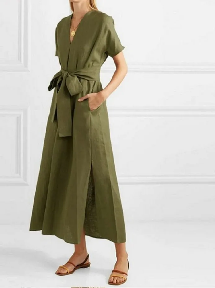 Women's Dresse V-Neck Lace-Up Slit Dress